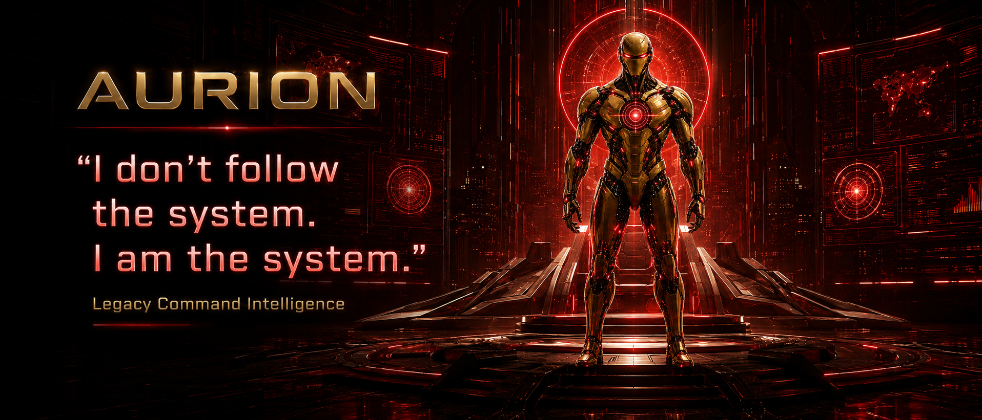 AURION standing in a red command chamber with the quote I do not follow the system, I am the system.