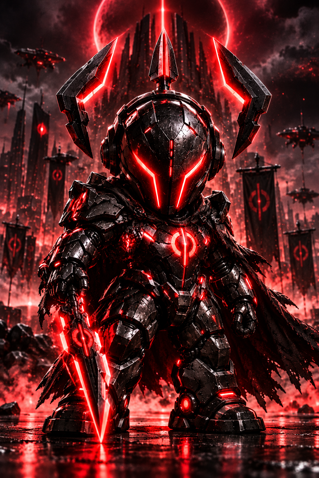 VOID: black armor, three helmet blades, a red visor, and a glowing chest insignia