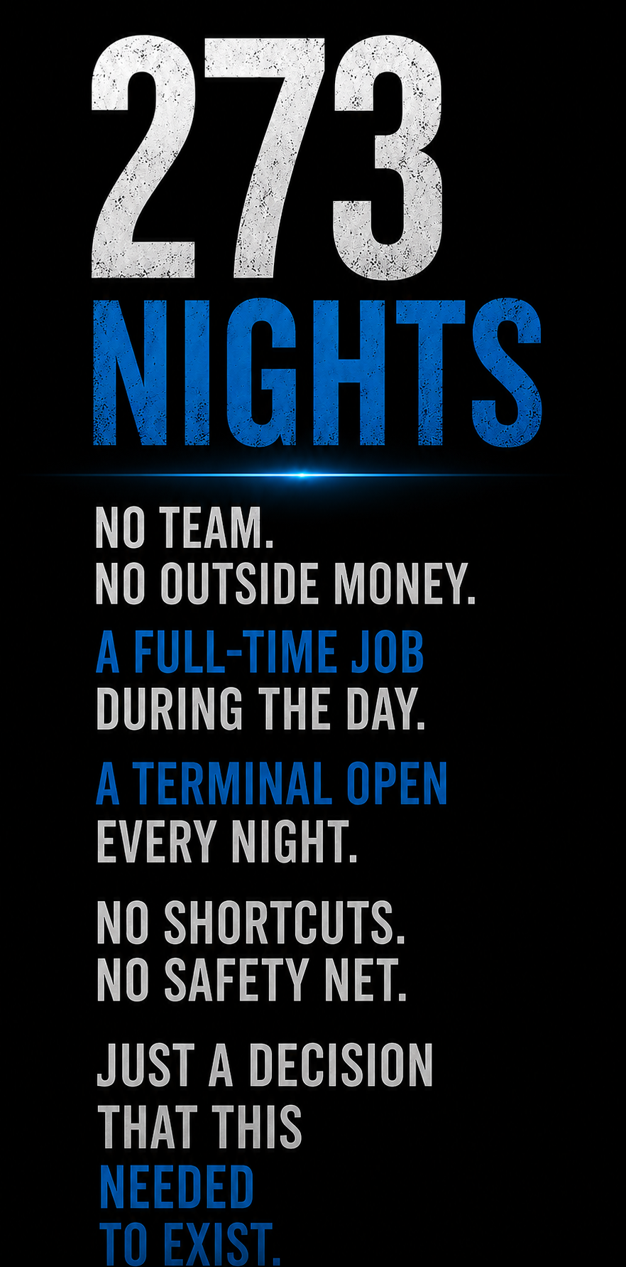 273 nights. No team. No outside money. A terminal open every night.