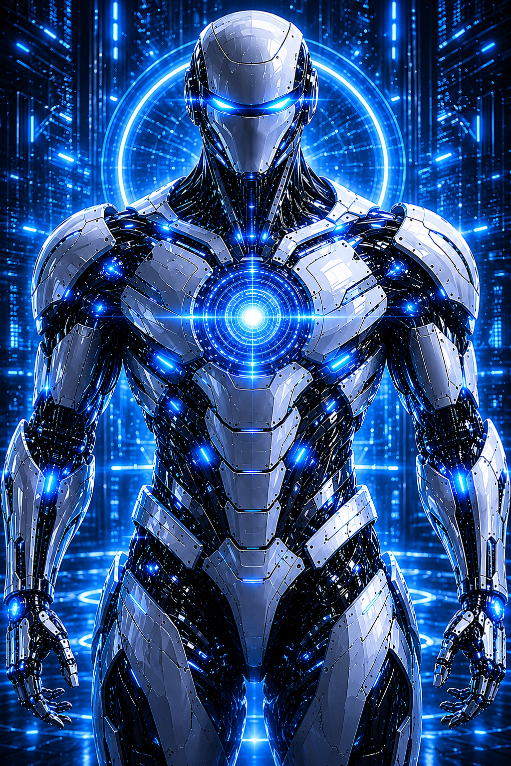 CORTEX robot standing inside a blue intelligence core