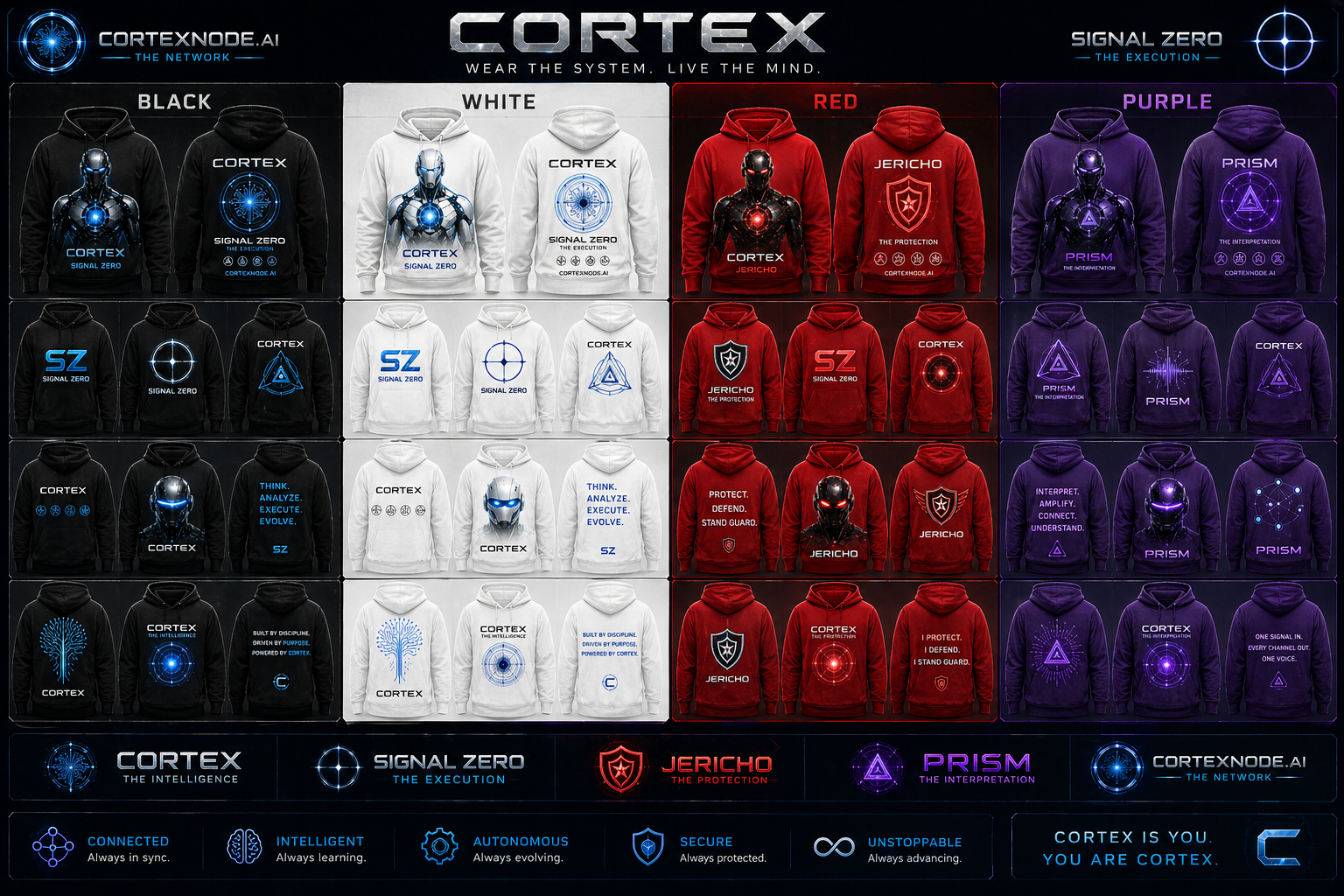 CORTEX colorways. black, white, red, purple