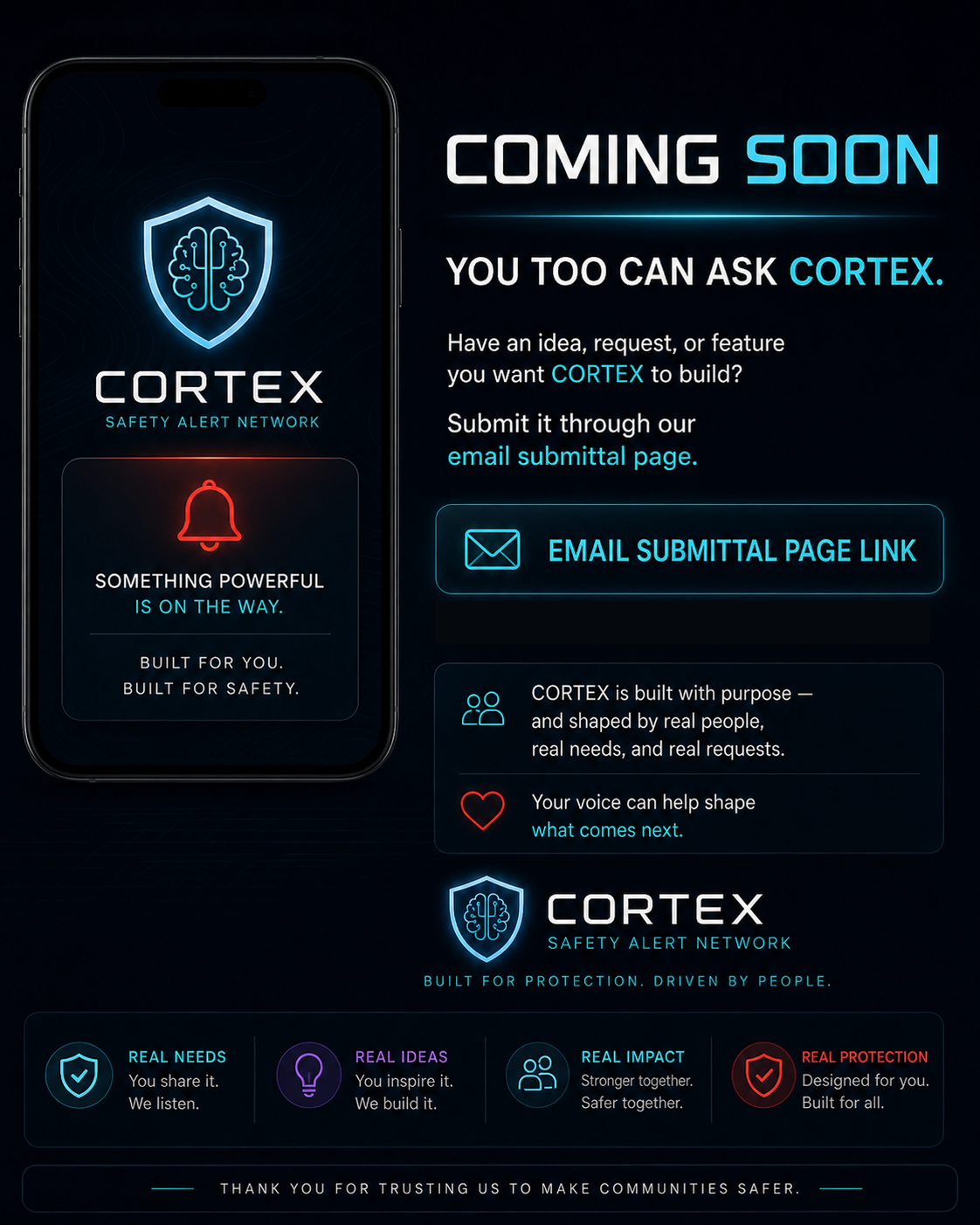 CORTEX coming soon invitation to email ideas, requests, and feature suggestions